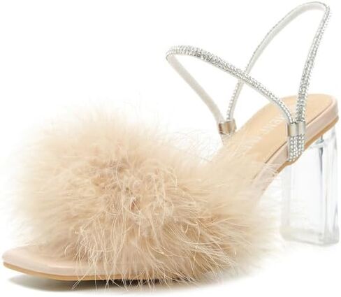 Womens Fluffy Heel Sandals Summer Dressy Square Toe Clear Chunky High Heel Fuzzy Mules Rhinestone Strap Feather Furry Heels Wedding Evening Prom Party Shoes in Saudi Arabia