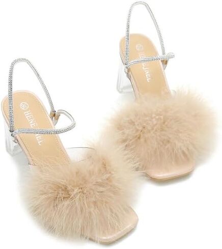 Womens Fluffy Heel Sandals Summer Dressy Square Toe Clear Chunky High Heel Fuzzy Mules Rhinestone Strap Feather Furry Heels Wedding Evening Prom Party Shoes in Saudi Arabia