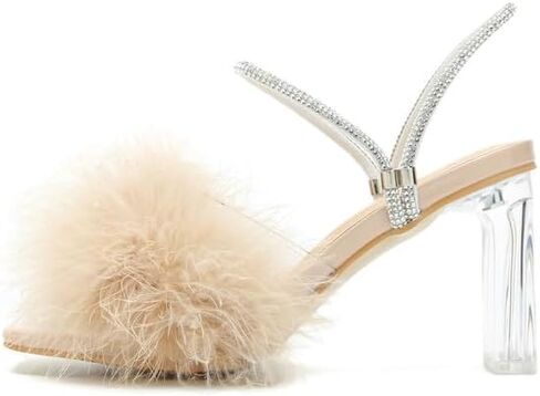 Womens Fluffy Heel Sandals Summer Dressy Square Toe Clear Chunky High Heel Fuzzy Mules Rhinestone Strap Feather Furry Heels Wedding Evening Prom Party Shoes in Saudi Arabia