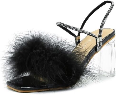 Womens Fluffy Heel Sandals Summer Dressy Square Toe Clear Chunky High Heel Fuzzy Mules Rhinestone Strap Feather Furry Heels Wedding Evening Prom Party Shoes in Saudi Arabia