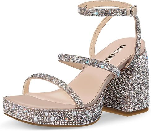 Ouepiano Women's Heeled Sandals Platform Rhinestone Square Toe Chunky High Heels Wedding Party Shoes in Saudi Arabia