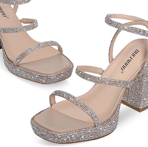 Ouepiano Women's Heeled Sandals Platform Rhinestone Square Toe Chunky High Heels Wedding Party Shoes in Saudi Arabia