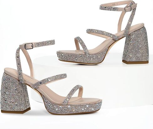 Ouepiano Women's Heeled Sandals Platform Rhinestone Square Toe Chunky High Heels Wedding Party Shoes in Saudi Arabia