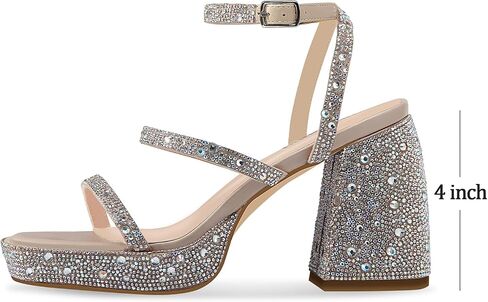 Ouepiano Women's Heeled Sandals Platform Rhinestone Square Toe Chunky High Heels Wedding Party Shoes in Saudi Arabia