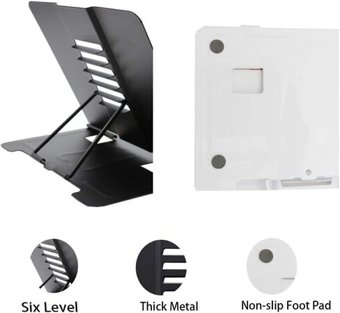 حامل كتب معدني قابل للطي مع 6 زوايا قابلة للتعديل ومشبك صفحة ورقية، حامل كتب قوي لسطح المكتب لكتب الطبخ والمجلة والكتب المدرسية والمستندات وكتاب الموسيقى والكمبيوتر المحمول والكمبيوتر اللوحي (أسود) in Kuwait