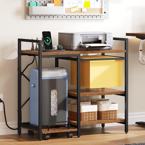 YITAHOME Printer Stand with Storage, 3 Tier Office Printer Desk Stand, Printer Stand for Home Office, File Cabinet with Charging Station, Black in Saudi Arabia