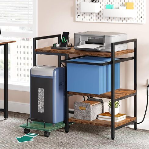 YITAHOME Printer Stand with Storage, 3 Tier Office Printer Desk Stand, Printer Stand for Home Office, File Cabinet with Charging Station, Black in Saudi Arabia