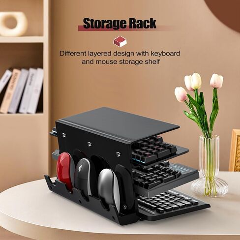 YIMAGUJRX رف تخزين ماوس لوحة المفاتيح الأكريليك، حامل إطار أكريليك، حامل عرض لوحة المفاتيح ثلاثي الطبقات، ماوس لوحة المفاتيح وقبضة رف تخزين سطح المكتب اثنين في واحد (أسود) in Kuwait