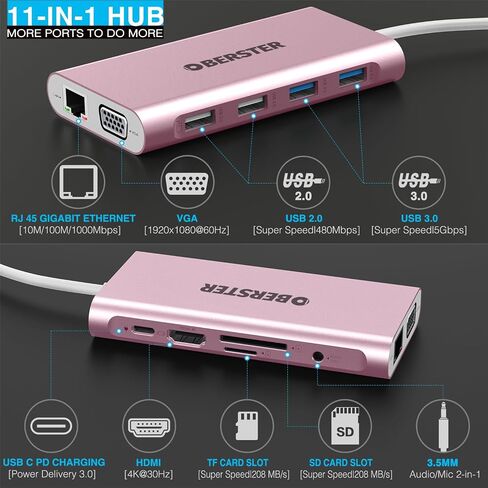 محطة إرساء USB C من OBERSTER، موزع USB C 11 في 1 مع HDMI 4K، VGA، 100 واط PD، إيثرنت، SD/TF، ​​صوت 3.5 مم، 4 USB A، محول USB C لجهاز Surface Pro، والمزيد من الأجهزة من النوع C in Saudi Arabia