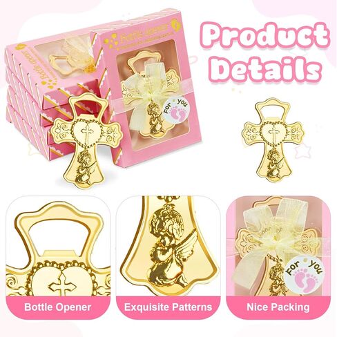 AerWo 24 عبوة من هدايا فتاحة زجاجات استحمام الطفل، صلاة الملاك اللطيفة في فتاحة زجاجات على شكل صليب ذهبي مع علب هدايا، هدايا متعددة الاستخدامات لحفلات استقبال المولود الجديد للضيوف، هدايا تذكارية لديكور المناولة الأولى in Kuwait
