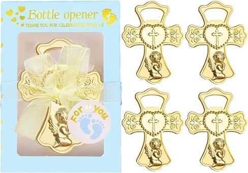 AerWo 24 Packs Baby Shower Bottle Opener Favors, Cute Boy Angel Prayer In Gold Cross Shaped Bottle Opener with Gift Boxes, Versatile Baby Shower Return Gifts for Guests Souvenirs First Communion Decor in Saudi Arabia