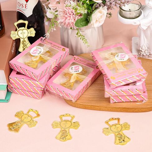 AerWo 24 عبوة من هدايا فتاحة زجاجات استحمام الطفل، صلاة الملاك اللطيفة في فتاحة زجاجات على شكل صليب ذهبي مع علب هدايا، هدايا متعددة الاستخدامات لحفلات استقبال المولود الجديد للضيوف، هدايا تذكارية لديكور المناولة الأولى in Kuwait