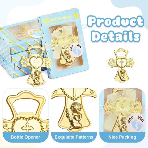 AerWo 24 Packs Baby Shower Bottle Opener Favors, Cute Boy Angel Prayer In Gold Cross Shaped Bottle Opener with Gift Boxes, Versatile Baby Shower Return Gifts for Guests Souvenirs First Communion Decor in Saudi Arabia