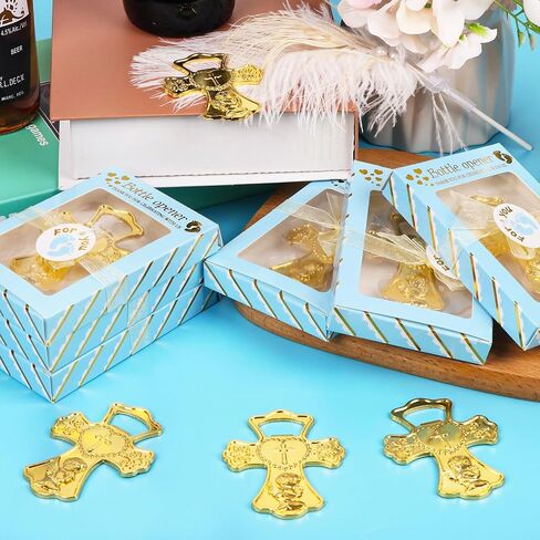 AerWo 24 Packs Baby Shower Bottle Opener Favors, Cute Boy Angel Prayer In Gold Cross Shaped Bottle Opener with Gift Boxes, Versatile Baby Shower Return Gifts for Guests Souvenirs First Communion Decor in Saudi Arabia