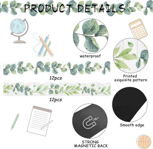 24 قطعة من لوحة نشرة الأوكالبتوس المغناطيسية للفصل الدراسي، حدود للفصل الدراسي، حدود مغناطيسية للمعلمين، شرائط حدود للفصل الدراسي، ديكورات للفصول الدراسية لسبورة السبورة المكتبية، لوحة بيضاء للديكور in Kuwait