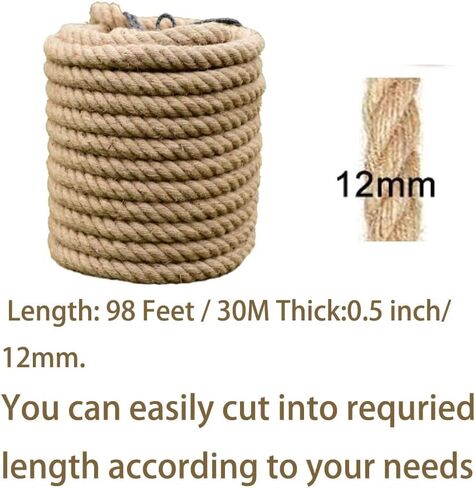 حبل الجوت الملتوي مقاس 1/2 بوصة، 3 جدائل من حبل القنب الطبيعي العتيق للتعليق أو الحرف اليدوية، ديكور منزلي، مناظر طبيعية، بحري - 100 قدم (0.5) in Kuwait