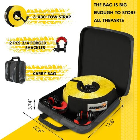 AUREOLE Heavy Duty Tow Strap Recovery Rope Kit 3" x 30ft Snatch Straps Lab Tested 35,000lb Break Strength, 22% Elongation 100% Nylon Strap + 3/4 D Ring Shackles (2 Pack) with 4 Washers + Storage Bag in Saudi Arabia