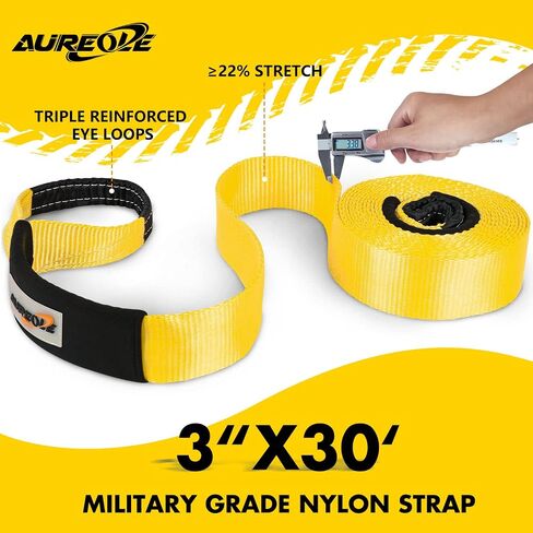 AUREOLE Heavy Duty Tow Strap Recovery Rope Kit 3" x 30ft Snatch Straps Lab Tested 35,000lb Break Strength, 22% Elongation 100% Nylon Strap + 3/4 D Ring Shackles (2 Pack) with 4 Washers + Storage Bag in Saudi Arabia
