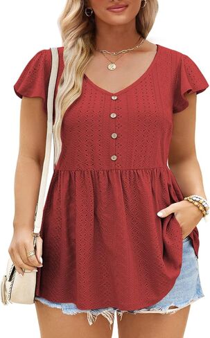 DOLNINE Womens Plus-Size Tunics Petal Short Sleeve Tops Summer V Neck Button Down Eyelet Shirts in Saudi Arabia