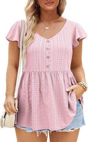 DOLNINE Womens Plus-Size Tunics Petal Short Sleeve Tops Summer V Neck Button Down Eyelet Shirts in Saudi Arabia
