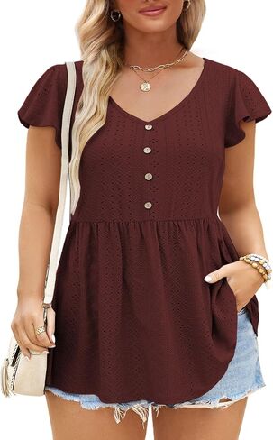 DOLNINE Womens Plus-Size Tunics Petal Short Sleeve Tops Summer V Neck Button Down Eyelet Shirts in Saudi Arabia