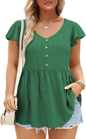 DOLNINE Womens Plus-Size Tunics Petal Short Sleeve Tops Summer V Neck Button Down Eyelet Shirts in Kuwait