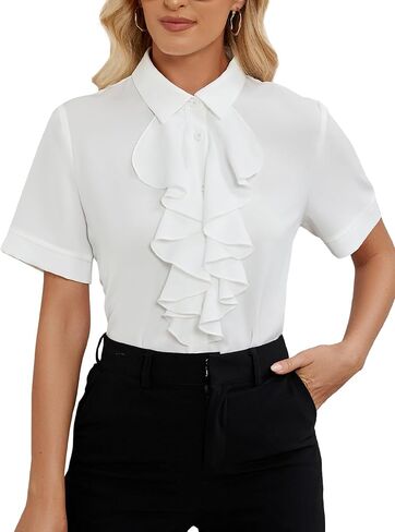Vrtige Women's Collar Neck Button Down Ruffle Front Short Sleeve Blouse Shirt Top in Saudi Arabia