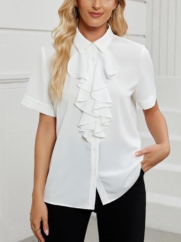 Vrtige Women's Collar Neck Button Down Ruffle Front Short Sleeve Blouse Shirt Top in Saudi Arabia