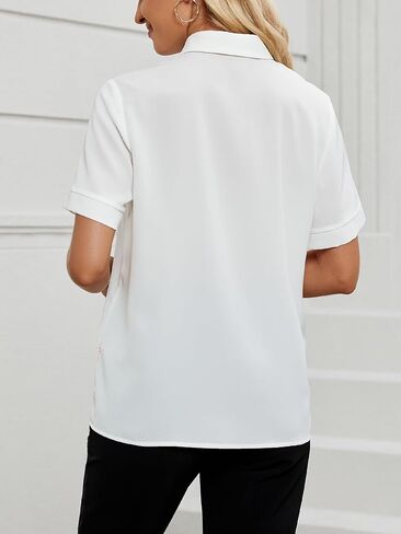 Vrtige Women's Collar Neck Button Down Ruffle Front Short Sleeve Blouse Shirt Top in Saudi Arabia