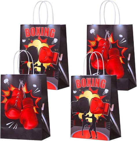 JOYMEMO 16 Pack Boxing Party Favor Bags Red Black - Boxing Match Party Decorations, Boxing Theme Goodie Sweet Candy Gift Paper Bags with Handles for Boxer Sports Birthday Baby Shower Party in Saudi Arabia