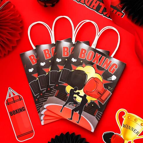 JOYMEMO 16 Pack Boxing Party Favor Bags Red Black - Boxing Match Party Decorations, Boxing Theme Goodie Sweet Candy Gift Paper Bags with Handles for Boxer Sports Birthday Baby Shower Party in Saudi Arabia