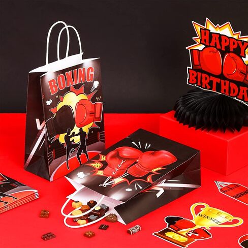 JOYMEMO 16 Pack Boxing Party Favor Bags Red Black - Boxing Match Party Decorations, Boxing Theme Goodie Sweet Candy Gift Paper Bags with Handles for Boxer Sports Birthday Baby Shower Party in Saudi Arabia
