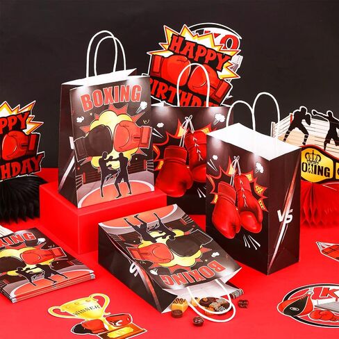 JOYMEMO 16 Pack Boxing Party Favor Bags Red Black - Boxing Match Party Decorations, Boxing Theme Goodie Sweet Candy Gift Paper Bags with Handles for Boxer Sports Birthday Baby Shower Party in Saudi Arabia
