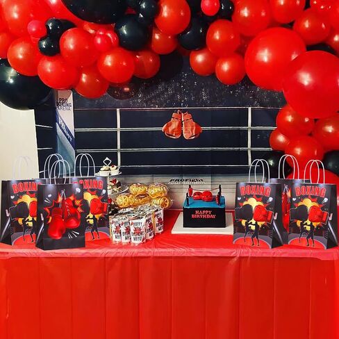 JOYMEMO 16 Pack Boxing Party Favor Bags Red Black - Boxing Match Party Decorations, Boxing Theme Goodie Sweet Candy Gift Paper Bags with Handles for Boxer Sports Birthday Baby Shower Party in Saudi Arabia