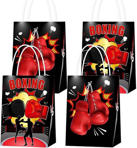 JOYMEMO 16 Pack Boxing Party Favor Bags Red Black - Boxing Match Party Decorations, Boxing Theme Goodie Sweet Candy Gift Paper Bags with Handles for Boxer Sports Birthday Baby Shower Party in Saudi Arabia