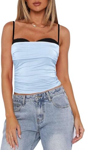 RUEWEY Women's Y2K Spaghetti Strap Tank Top Backless Ruched Cami Bustier Shirt Summer Going Out Tops in Saudi Arabia