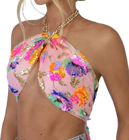 Women's Metal Chain Halter Cross Crop Top Sequin Embroidery Self-tie Wrap Backless Bandage Cami Vest in Kuwait
