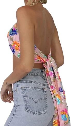 Women's Metal Chain Halter Cross Crop Top Sequin Embroidery Self-tie Wrap Backless Bandage Cami Vest in Kuwait