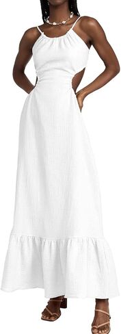 Aigeman Womens Sexy Spaghetti Straps Sleevelss Halter Neck Backless Maxi Dress Cutout Waist Ruffle Hem Party Dress 179 in Saudi Arabia