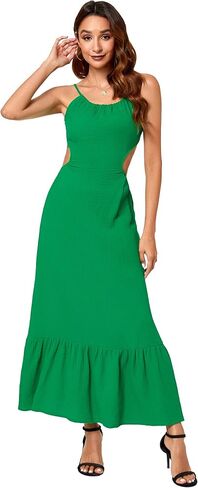 Aigeman Womens Sexy Spaghetti Straps Sleevelss Halter Neck Backless Maxi Dress Cutout Waist Ruffle Hem Party Dress 179 in Saudi Arabia