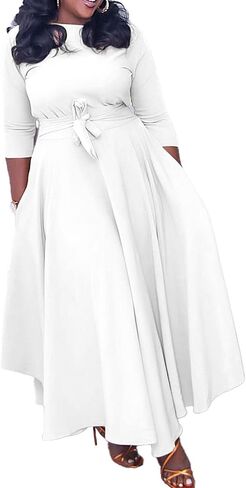 SOMTHRON Women's Casual 3/4 Sleeve Long Maxi Dress A-Line Flared Solid Wrap Tie Waist Swing Dresses in Saudi Arabia
