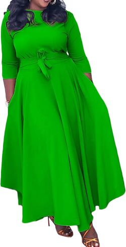 SOMTHRON Women's Casual 3/4 Sleeve Long Maxi Dress A-Line Flared Solid Wrap Tie Waist Swing Dresses in Saudi Arabia
