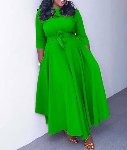 SOMTHRON Women's Casual 3/4 Sleeve Long Maxi Dress A-Line Flared Solid Wrap Tie Waist Swing Dresses in Saudi Arabia
