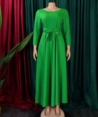 SOMTHRON Women's Casual 3/4 Sleeve Long Maxi Dress A-Line Flared Solid Wrap Tie Waist Swing Dresses in Saudi Arabia