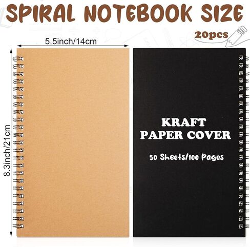 20 Pack A5 Spiral Notebook College Ruled Spiral Notebook Bulk 5.5 x 8.3 Inch Hardcover Notebooks Lined Travel Writing Notebooks Journal Notepad, 50 Sheets 100 Pages (Black, Kraft) in Saudi Arabia