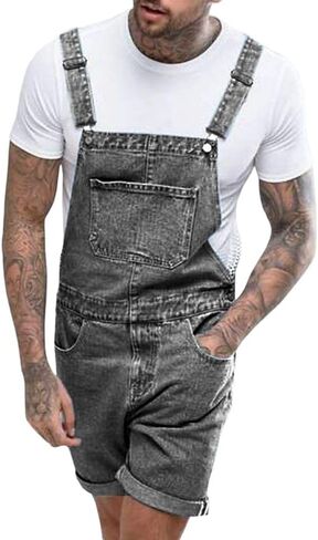 Runcati Mens Denim Shorts Bib Overall Jean Romper Casual Loose Fit Walkshort Button Pockets Summer Jumpersuit in Saudi Arabia
