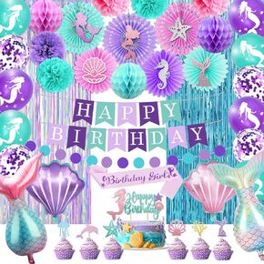 Mermaid Birthday Decorations Mermaid Party Supplies Kit Include Banner Balloons Cupcake Toppers Paper Fans Birthday Sash Metallic Fringe Curtains for Mermaid Party Decorations