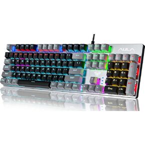 AULA Mechanical Gaming Keyboard, 104 Keys Mechanical Keyboard w/RGB Backlit, All-Metal Panel Wired Keyboard, Anti-Ghosting Keyboard Gaming Red Switches with Programmable Keys for MAC Xbox PC Gamer