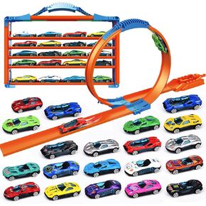 Racing Car Loop Track City Transforming Toy Set with 20 Mini Metal Cars Ramp Gifts for Kids Toddlers Boys 3-5 Year Old,Indoor Game Toy