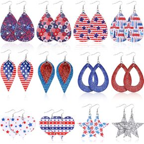 12 Pairs Independence Day Leather Earrings American Flags Patriotic Faux Leather Teardrop Leaf Drop Petal Dangle Earrings for Women